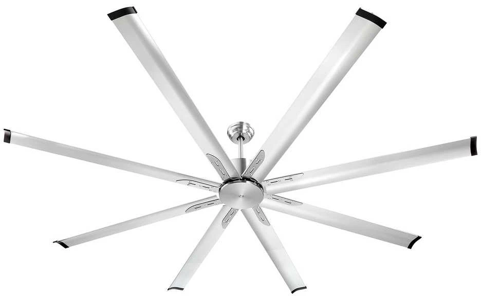 Aliuminio lubų ventiliatorius 214 cm be šviestuvo, nuotolinio valdymo, šlifuoto nikelio apdaila, 6 greičių, didelis, 8 menčių, su laikmačiu, erdvioms patalpoms, miegamajam,