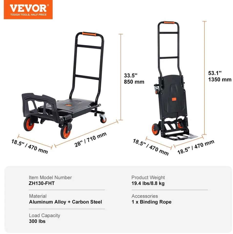 VEVOR Aliumininis vežimėlis, 2 viename, 136 kg apkrova