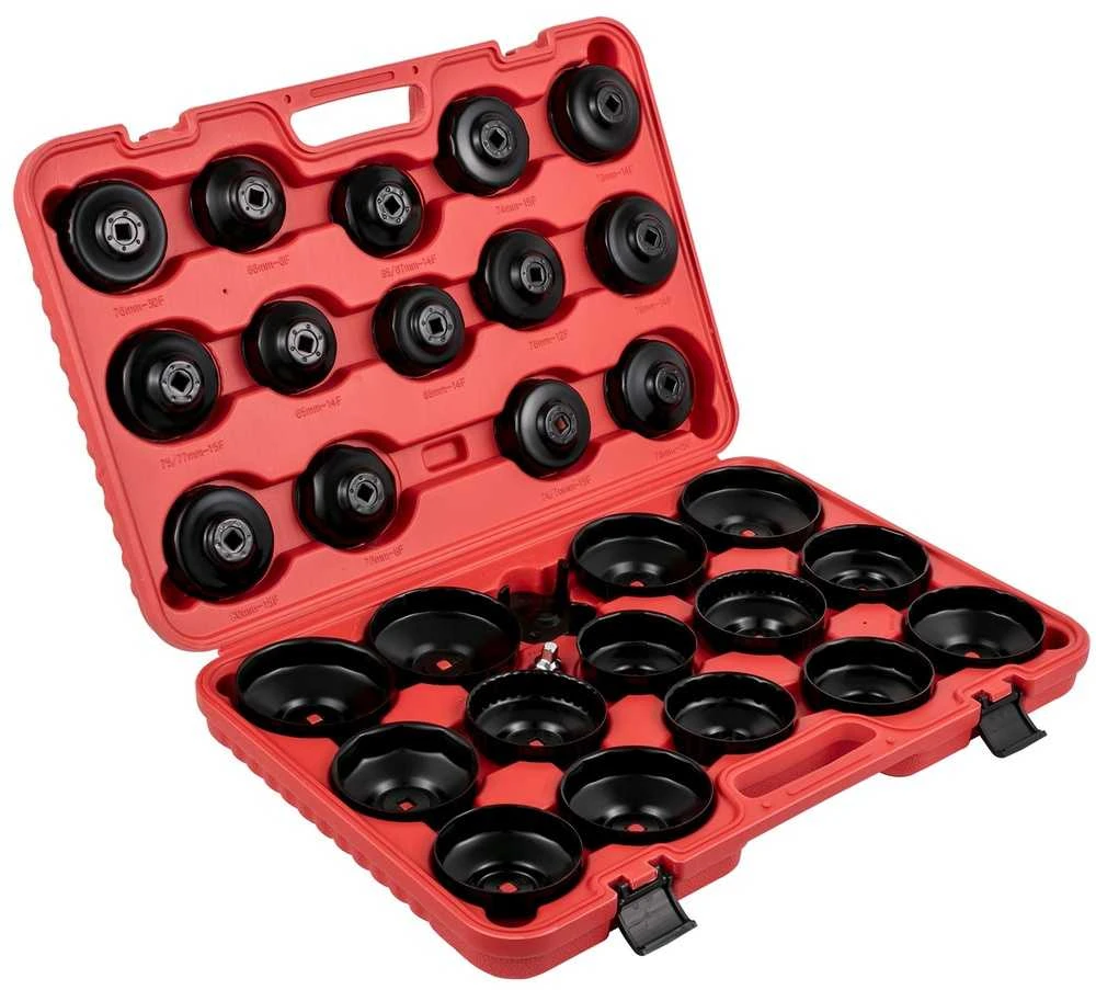 Alyvos filtro raktų rinkinys, 30 vnt., plieno, 3/8", žemo profilio, dangteliai, veržliarakčiai