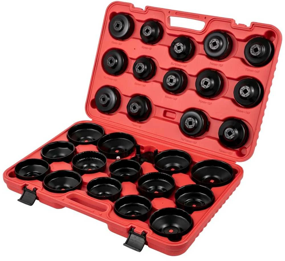 Alyvos filtro raktų rinkinys, 30 vnt., plieno, 3/8", žemo profilio, dangteliai, veržliarakčiai