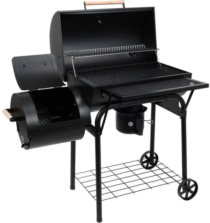 Anglies grilis su rūkykla, didelė kepimo zona, porceliano emaliuotos grotelės, nešiojamas lauko grilis, BBQ grilis terasai ir sodui