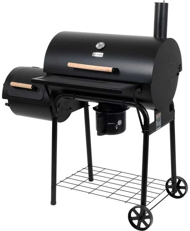 Anglies grilis su rūkykla, didelė kepimo zona, porceliano emaliuotos grotelės, nešiojamas lauko grilis, BBQ grilis terasai ir sodui