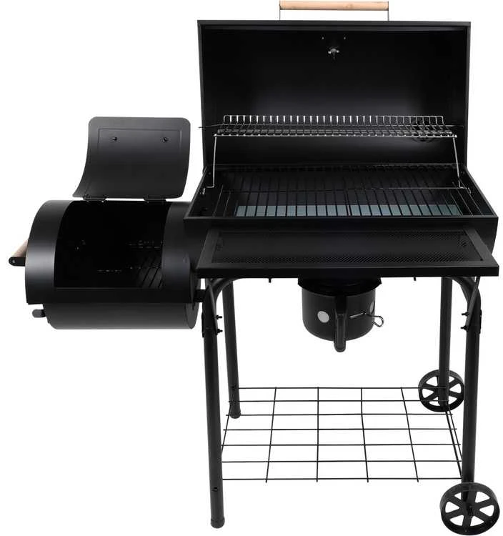 Anglies grilis su rūkykla, didelė kepimo zona, porceliano emaliuotos grotelės, nešiojamas lauko grilis, BBQ grilis terasai ir sodui