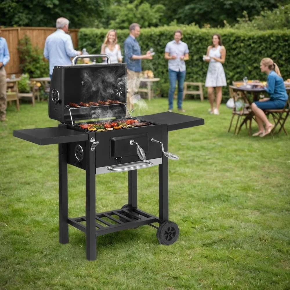 Anglies kepsninė lauke, reguliuojamas aukštis, juoda BBQ grilius, šašlykinė, kepimo grotelės
