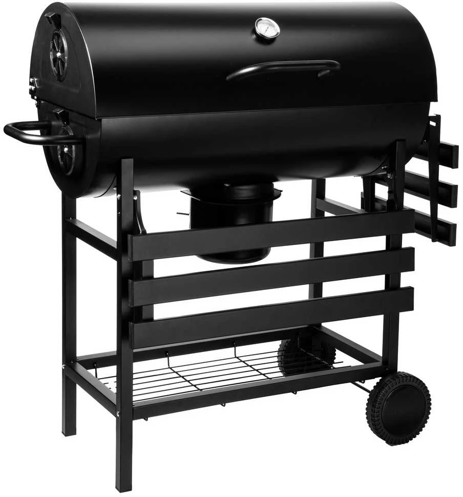 Anglies kepsninė statinė, 2 grotelės, sulankstomi stalviršiai, juoda BBQ grilius, lauko kepsninė, grilinė