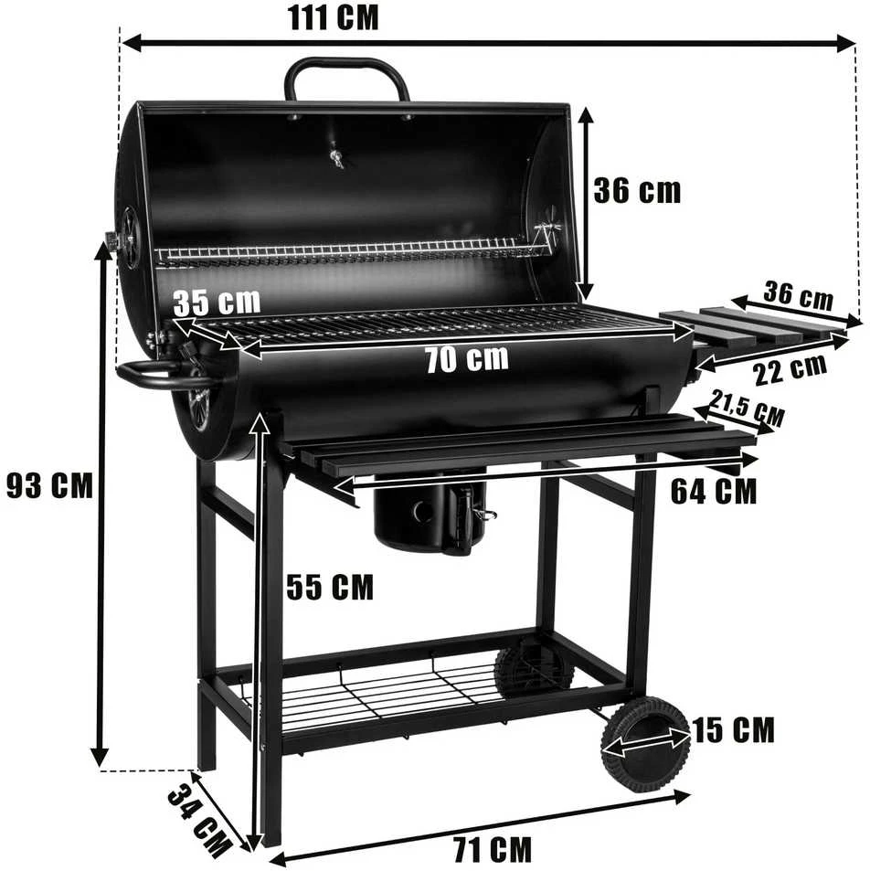 Anglies kepsninė statinė, 2 grotelės, sulankstomi stalviršiai, juoda BBQ grilius, lauko kepsninė, grilinė