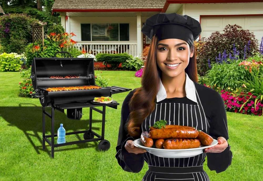 Anglies kepsninė statinė, 2 grotelės, sulankstomi stalviršiai, juoda BBQ grilius, lauko kepsninė, grilinė