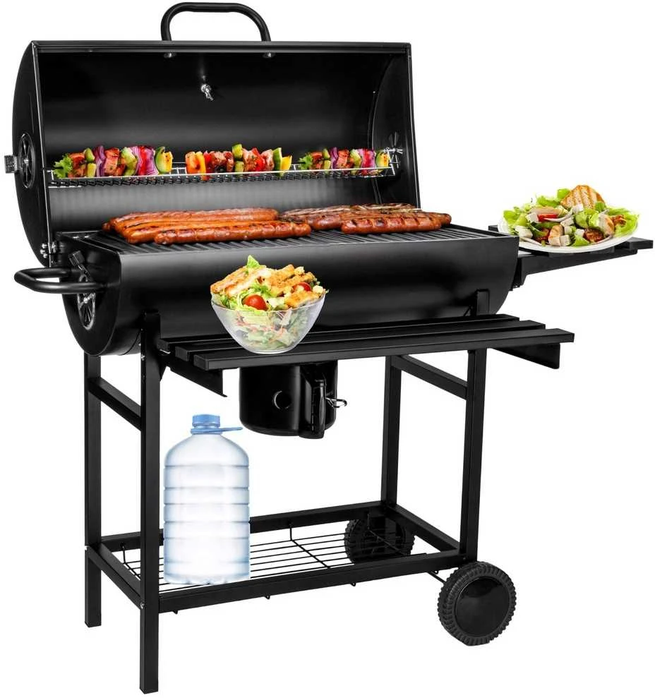 Anglies kepsninė statinė, 2 grotelės, sulankstomi stalviršiai, juoda BBQ grilius, lauko kepsninė, grilinė