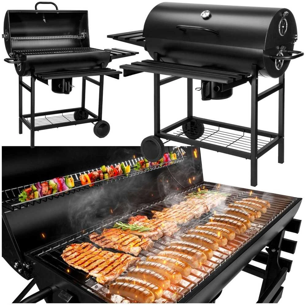 Anglies kepsninė statinė, 2 grotelės, sulankstomi stalviršiai, juoda BBQ grilius, lauko kepsninė, grilinė
