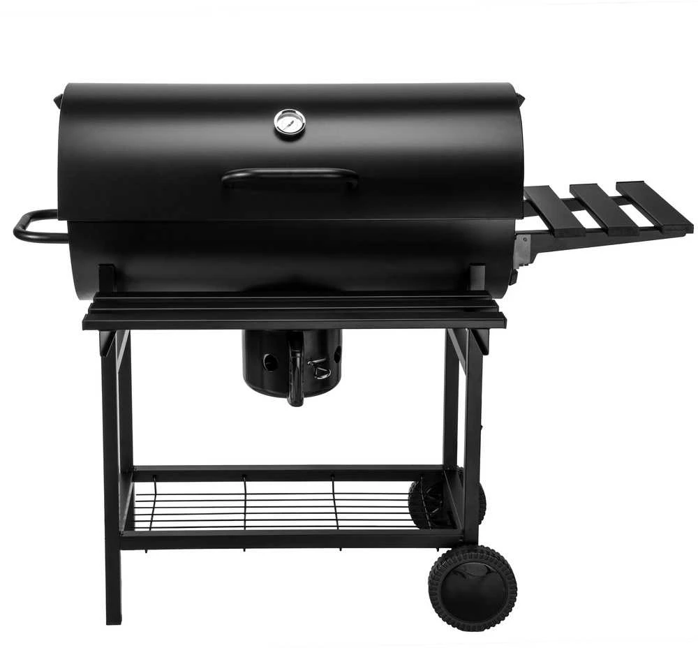 Anglies kepsninė statinė, 2 grotelės, sulankstomi stalviršiai, juoda BBQ grilius, lauko kepsninė, grilinė