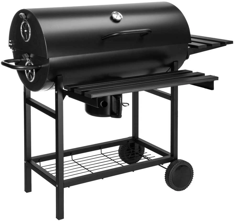 Anglies kepsninė statinė, 2 grotelės, sulankstomi stalviršiai, juoda BBQ grilius, lauko kepsninė, grilinė