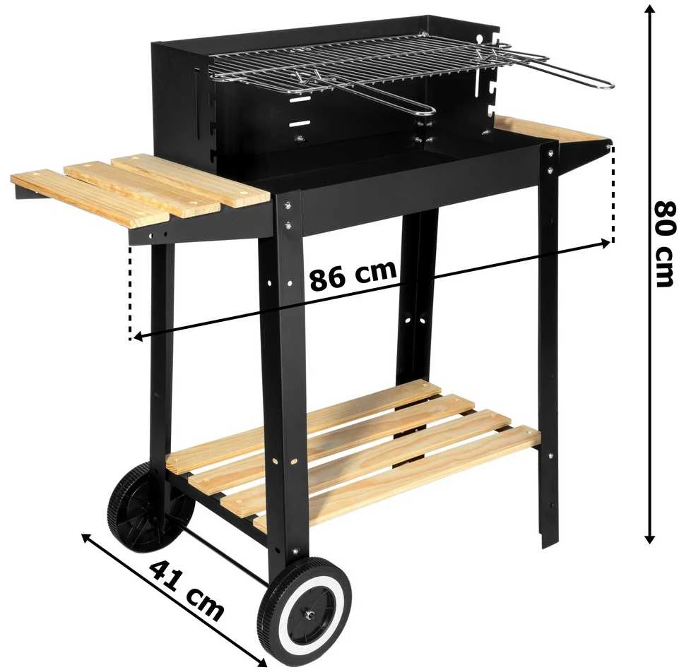 Anglies kepsninė su ratukais, reguliuojamu aukščiu, iešmu, juoda lauko BBQ grilius, šašlykinė, kepimo grotelės
