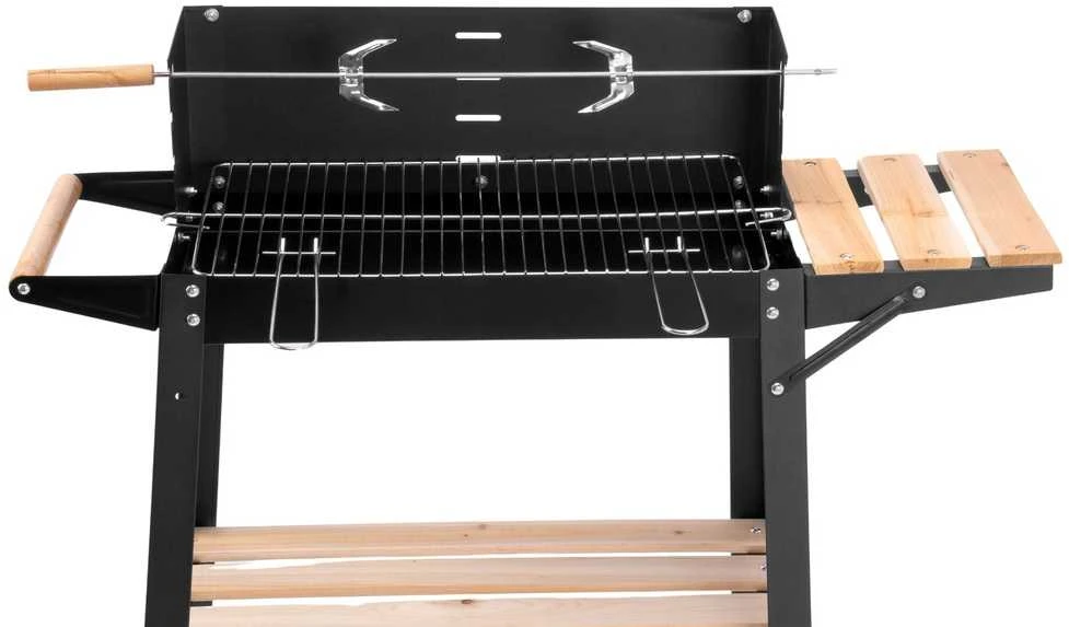 Anglies kepsninė su ratukais, reguliuojamu aukščiu, iešmu, juoda lauko BBQ grilius, šašlykinė, kepimo grotelės
