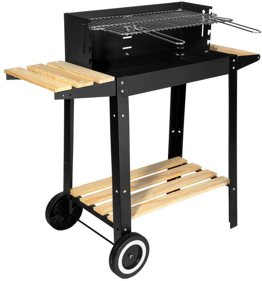 Anglies kepsninė su ratukais, reguliuojamu aukščiu, iešmu, juoda lauko BBQ grilius, šašlykinė, kepimo grotelės