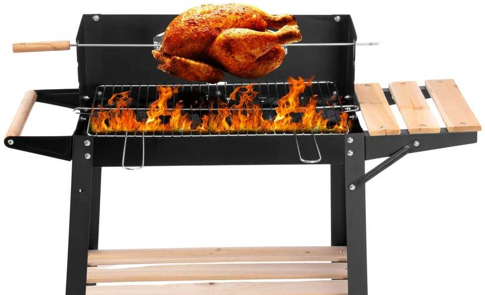 Anglies kepsninė su ratukais, reguliuojamu aukščiu, iešmu, juoda lauko BBQ grilius, šašlykinė, kepimo grotelės