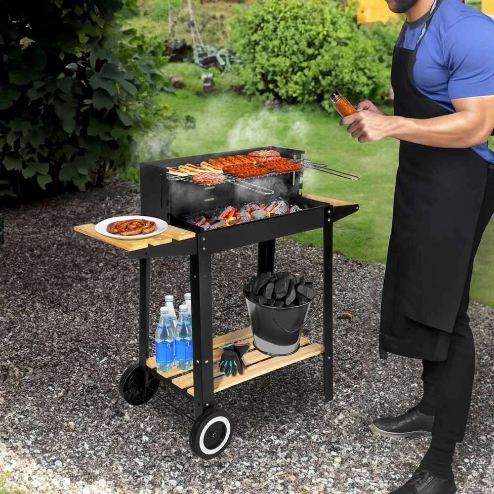 Anglies kepsninė su ratukais, reguliuojamu aukščiu, iešmu, juoda lauko BBQ grilius, šašlykinė, kepimo grotelės