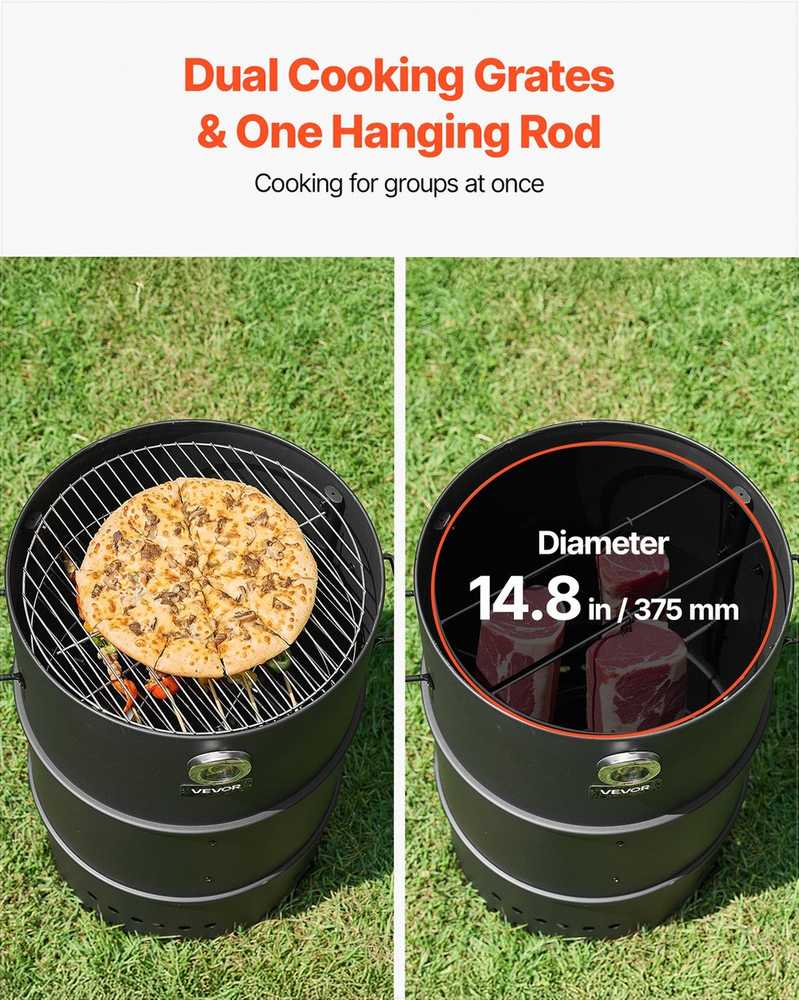 Anglinė rūkykla-kepsninė, 470 mm statinės formos BBQ, dengto plieno lauko kepsninė su 2 grotelėmis, kabinimo strypu, kabliukais ir termometru, skirta kiemui ir terasai, barbekiu rūkykla
