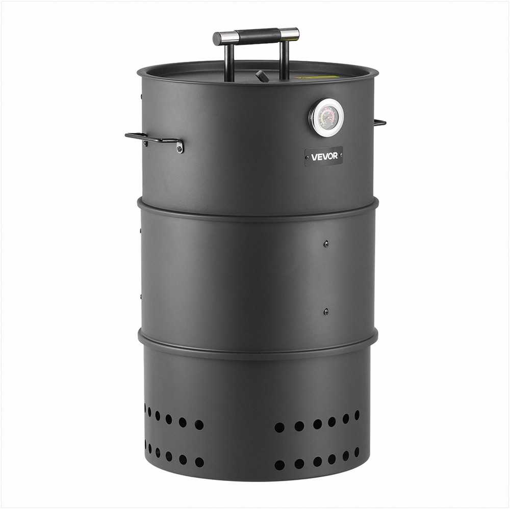 Anglinė rūkykla-kepsninė, 470 mm statinės formos BBQ, dengto plieno lauko kepsninė su 2 grotelėmis, kabinimo strypu, kabliukais ir termometru, skirta kiemui ir terasai, barbekiu rūkykla