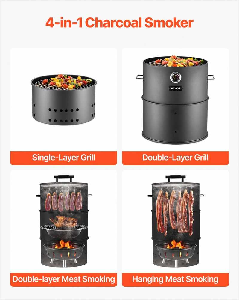 Anglinė rūkykla-kepsninė, 470 mm statinės formos BBQ, dengto plieno lauko kepsninė su 2 grotelėmis, kabinimo strypu, kabliukais ir termometru, skirta kiemui ir terasai, barbekiu rūkykla