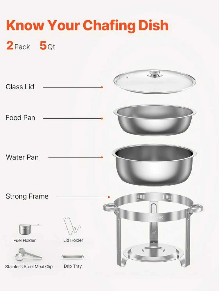 VEVOR apvalus chafing dish 4,7 l dubenėlis, 2 vnt.