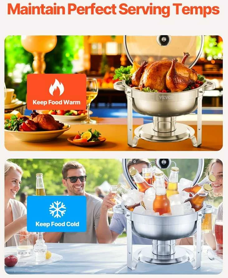 VEVOR apvalus chafing dish 4,7 l dubenėlis, 2 vnt.