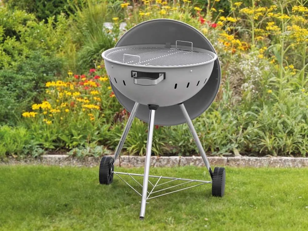 Toya Sa Poland Apvalus anglies grilis, lauko gaminimui, didelis 54 cm kepimo paviršius, nešiojamas sodo grilis, pilkas BBQ
