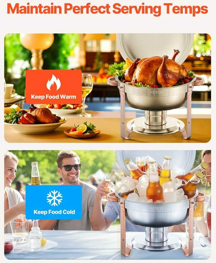 Apvalus maisto pašildymo indų rinkinys, 4.7 litrų nerūdijančio plieno bufeto serveris, rožinio aukso maisto šildytuvas, 4 vnt. maisto pašildymo indų vakarėliams