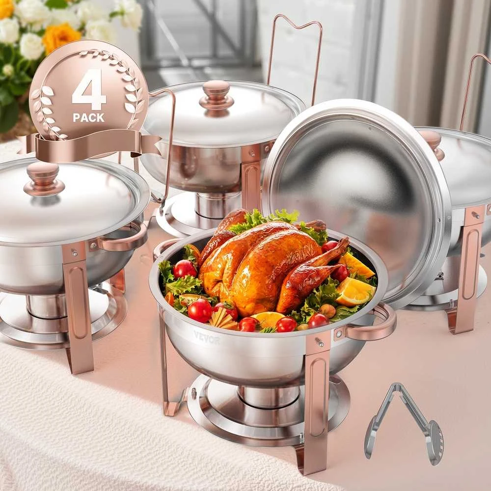 Apvalus maisto pašildymo indų rinkinys, 4.7 litrų nerūdijančio plieno bufeto serveris, rožinio aukso maisto šildytuvas, 4 vnt. maisto pašildymo indų vakarėliams