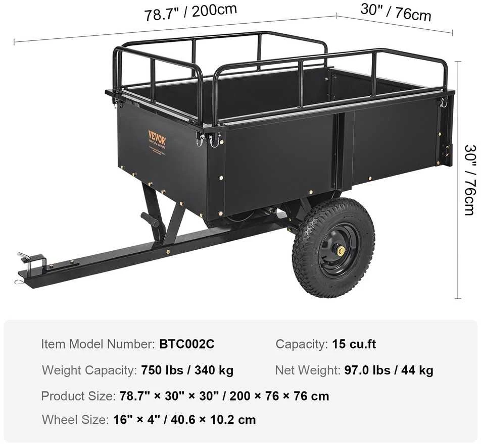 ATV priekaba savivartė, 750 lbs / 340 kg, 0.42 m³, nuimamais bortais, sodo, traktoriaus