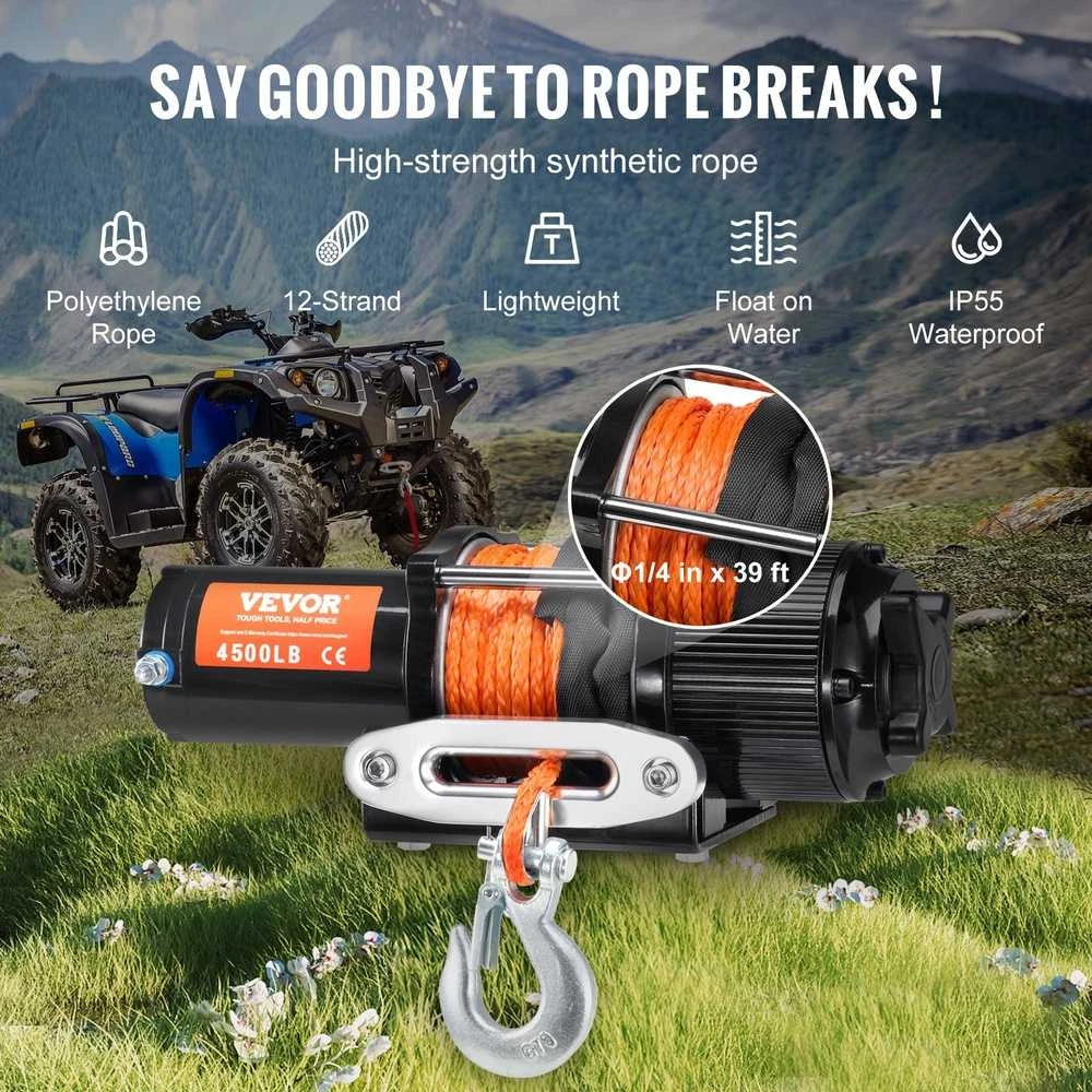 ATV/UTV elektrinė gervė, 2041 kg, sintetinis lynas, nuotolinis valdymas, 12V, bekelės gelbėjimui, visureigiams, keturračiams