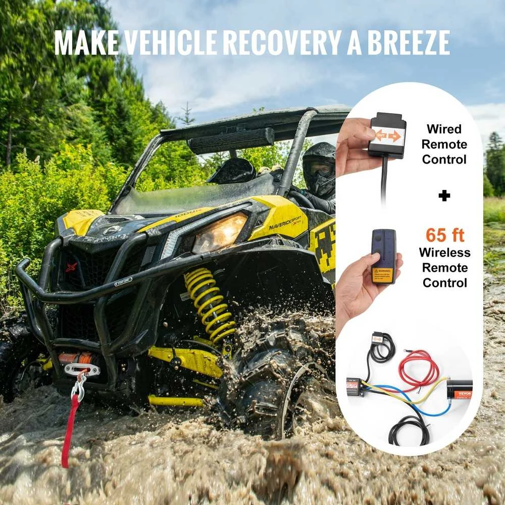 ATV/UTV elektrinė gervė, 2041 kg, sintetinis lynas, nuotolinis valdymas, 12V, bekelės gelbėjimui, visureigiams, keturračiams