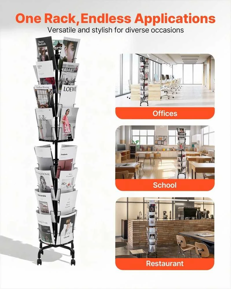 Atvirukų eksponavimo stovas parodoms, biurui, prekybos mugėms, 32 kišenės, besisukantis 360° su ženklų laikikliu ir ratukais, pašto atvirukų stovas, brošiūrų laikiklis, kortelių organizatorius