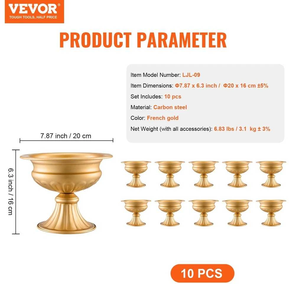 Auksinis metalinis gėlių stovas vestuvių stalui, 16 cm gėlių vaza, elegantiška vestuvių puošmena, dekoratyvinė metalinė vaza, renginių dekoras