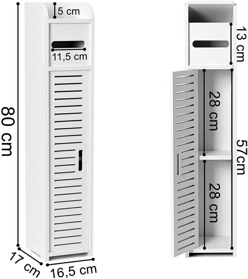 Aukšta vonios spintelė, balta, drėgmei atspari, 4 lentynos, 1 durelės, siaura, pastatoma, vonios kambario spintelė, vonios komoda, daiktų laikymo spintelė