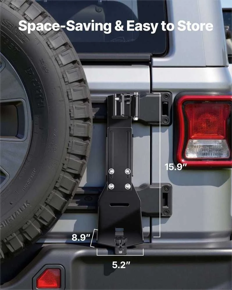 Aukšto kėlimo keltuvo laikiklis Jeep Wrangler visureigiams, plieno sunkiasvoris laikiklio komplektas, tvirtinimas prie atsarginio rato, kompaktiškas dizainas be gręžimo