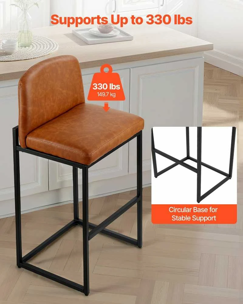 Aukštos baro taburetės, 4 vnt. komplektas, 68 cm PU odos virtuvės salos kėdės, modernios su atlošu, metalinėmis kojomis, rudos be porankių baro kėdės valgomajam