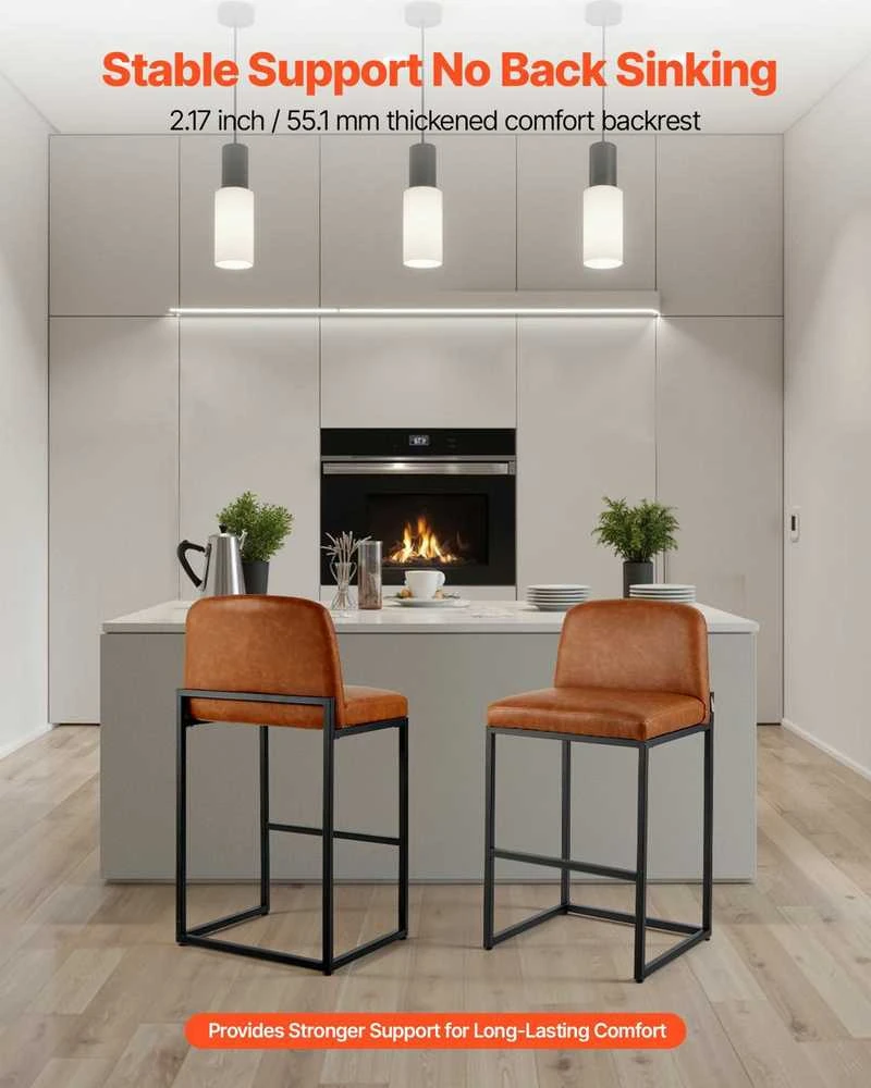 Aukštos baro taburetės, 4 vnt. komplektas, 68 cm PU odos virtuvės salos kėdės, modernios su atlošu, metalinėmis kojomis, rudos be porankių baro kėdės valgomajam