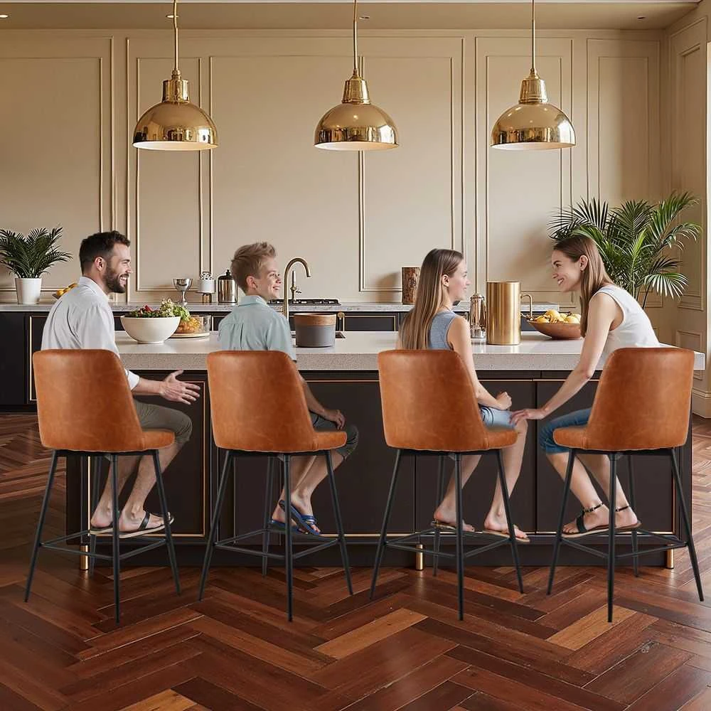 Aukštos baro taburetės, 4 vnt. komplektas, 68 cm PU odos virtuvės salos kėdės, modernios su atlošu, metalinėmis kojomis, rudos be porankių baro kėdės valgomajam