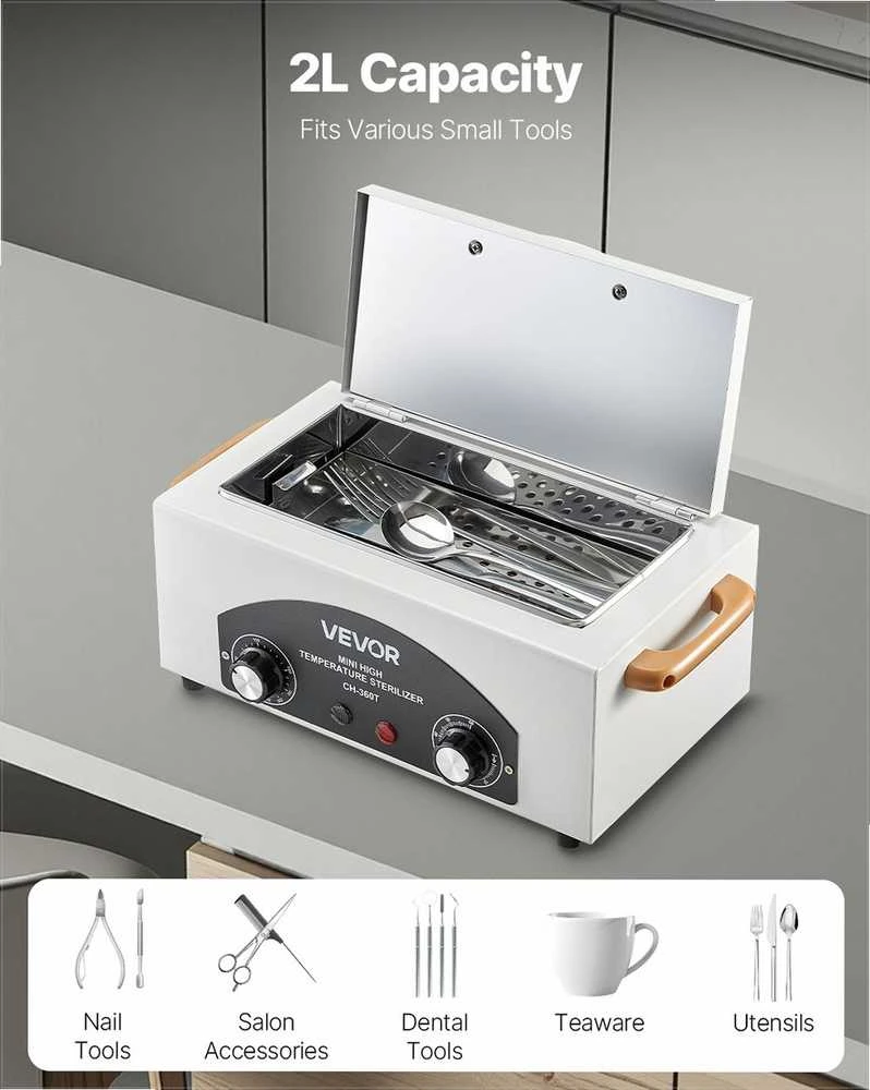 Aukštos temperatūros autoklavas nagų įrankių valymui, 2 l talpa, 300 W galia, sauso karščio spinta, laboratorinis sterilizatorius, grožio salonams