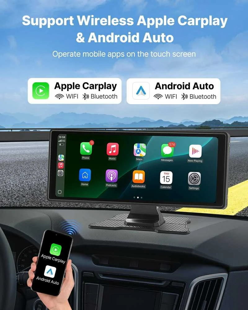 Automagnetola 10" CarPlay Android Auto, Galinio ir Priekinio Vaizdo Kamera, Nešiojama Automobilio Multimedija