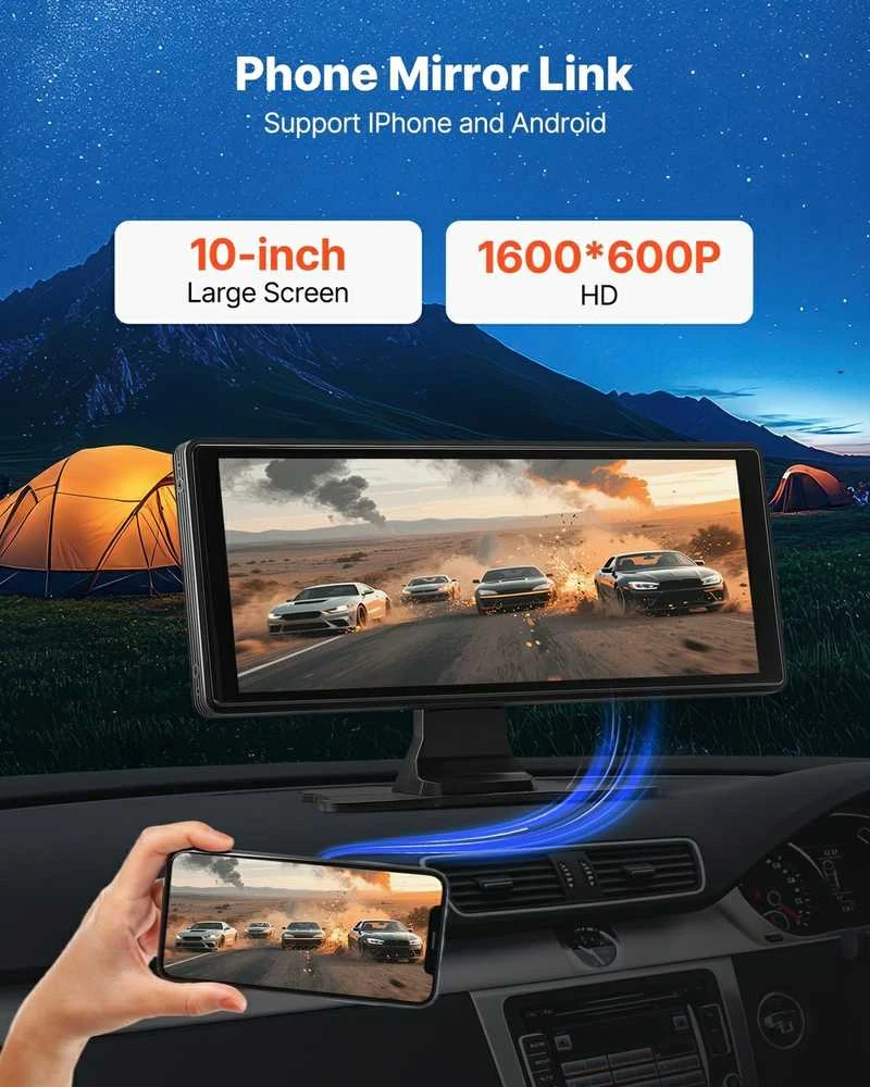 Automagnetola 10" CarPlay Android Auto, Galinio ir Priekinio Vaizdo Kamera, Nešiojama Automobilio Multimedija