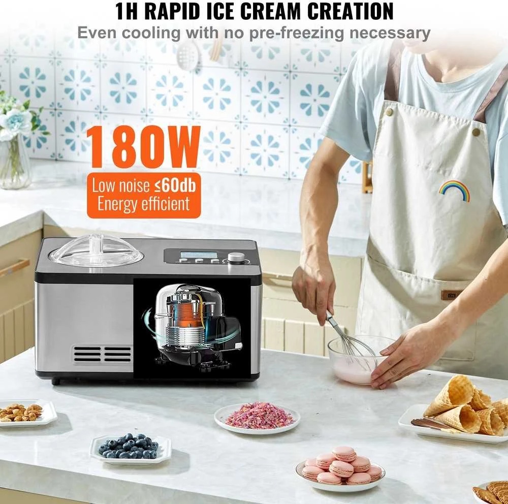 Automatinė ledų mašinėlė 2.0 l, elektrinė jogurto, gelato gaminimo mašina, sidabrinė ledų gamyklė, desertų aparatas