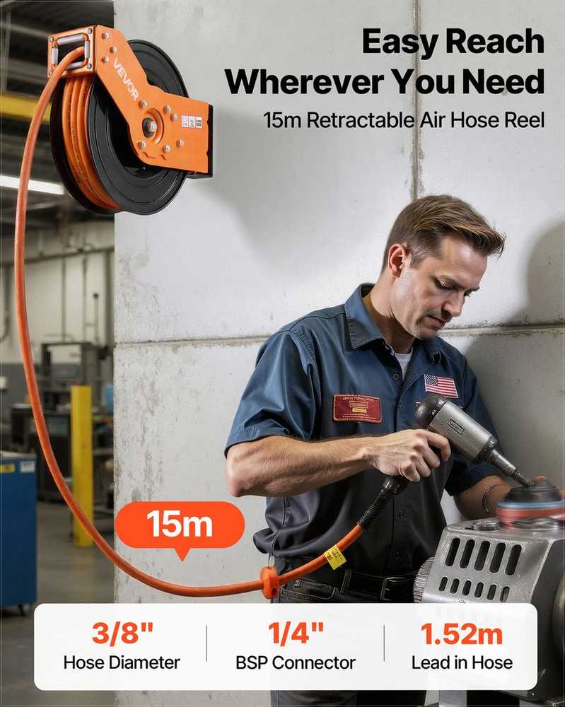 Automatinė oro žarnos ritė garažo dirbtuvėms, 15 m hibridinė žarna, automatinis suvyniojimas, 180° pasukamas laikiklis, oro kompresoriaus žarnos ritė, sieninė žarnos ritė, pneumatinė įranga