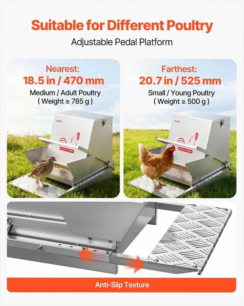 Automatinė vištų lesykla, atspari lietui mynimo lesykla paukščiams, cinkuoto plieno lauko lesykla vištoms ir naminiams paukščiams, lesinimo įranga