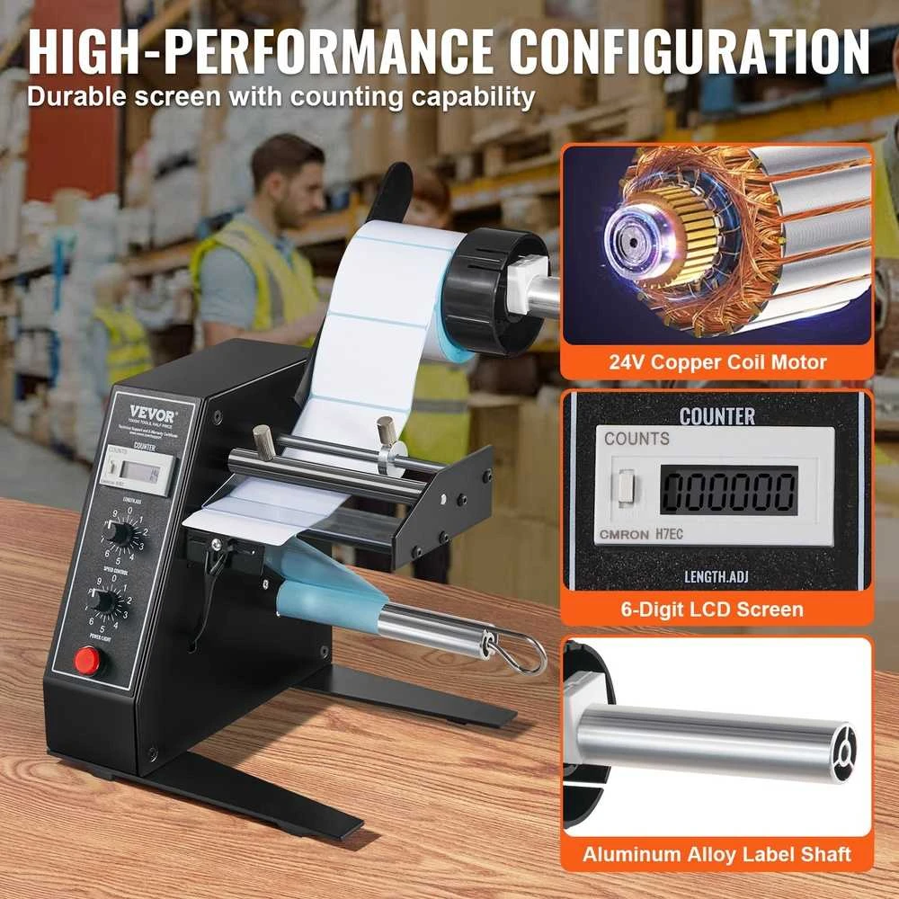Automatinis etikečių dozatorius, reguliuojamas greitis, 15-125x3-150 mm, brūkškodams, gamybos etiketėms, lipdukų klijavimo aparatas, skaičiuotuvas