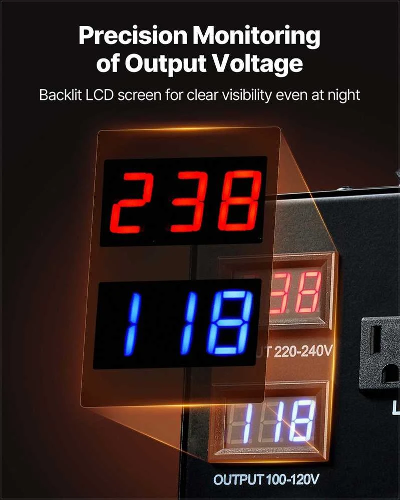 Automatinis įtampos keitiklis 6000VA, didinimo ir mažinimo transformatorius, 3 JAV ir 3 ES lizdai, LCD ekranas, apsauga nuo perkrovos, automatinis įtampos atpažinimas, srovės adapteris