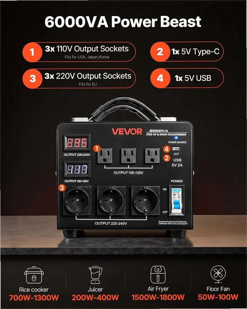 Automatinis įtampos keitiklis 6000VA, didinimo ir mažinimo transformatorius, 3 JAV ir 3 ES lizdai, LCD ekranas, apsauga nuo perkrovos, automatinis įtampos atpažinimas, srovės adapteris