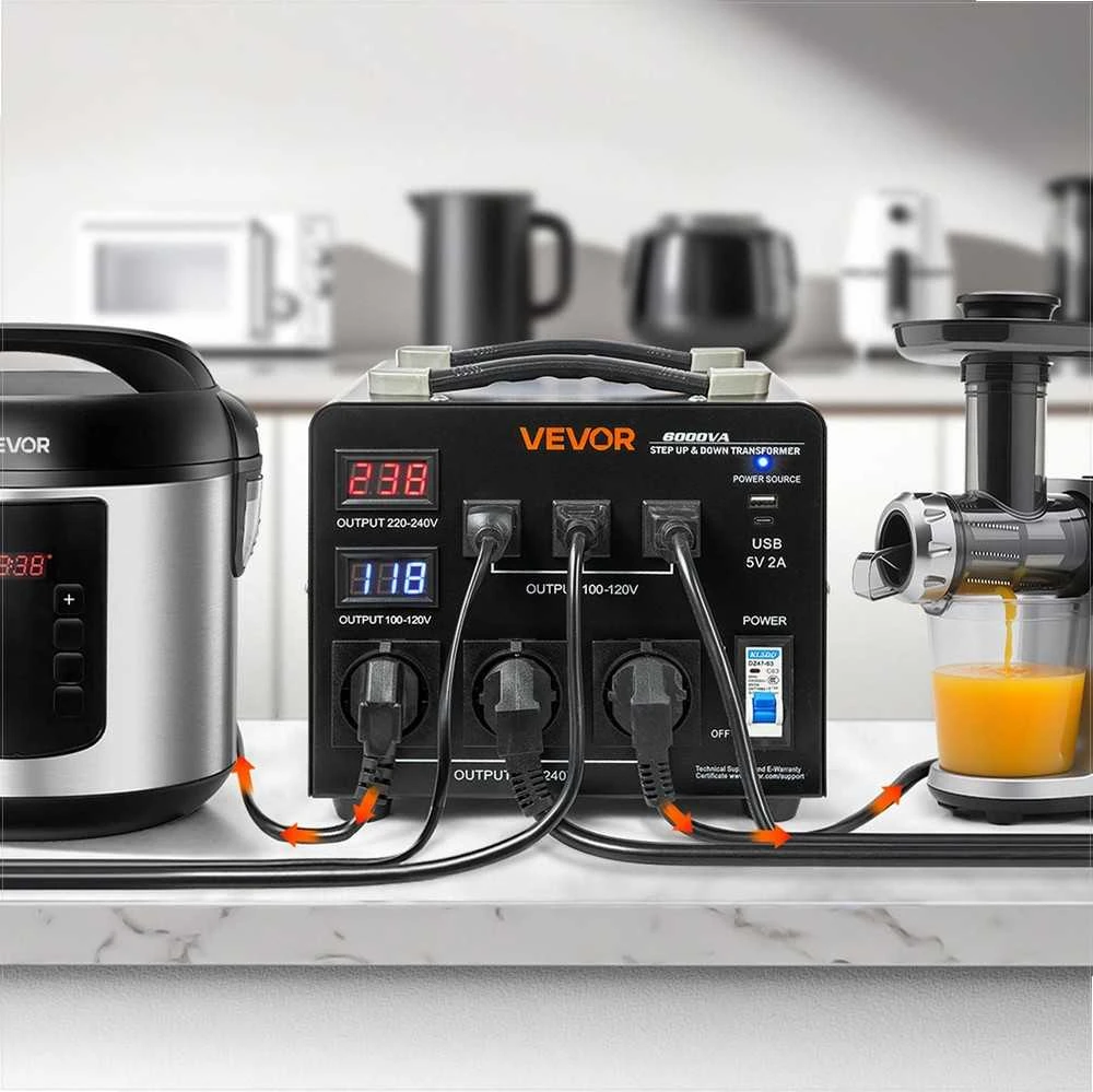 Automatinis įtampos keitiklis 6000VA, didinimo ir mažinimo transformatorius, 3 JAV ir 3 ES lizdai, LCD ekranas, apsauga nuo perkrovos, automatinis įtampos atpažinimas, srovės adapteris