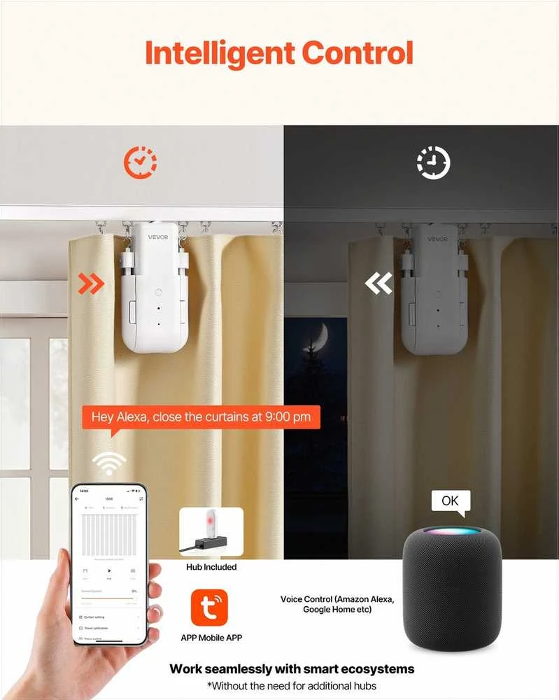 Automatinis užuolaidų atidarytuvas išmaniems namams, 2 vnt. komplektas su stotele, elektrinis užuolaidų valdiklis suderinamas su Alexa Google Home, programuojamas užuolaidų robotas
