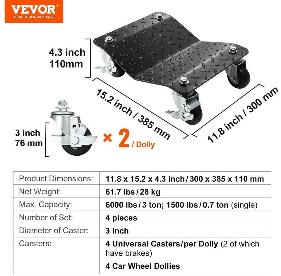 VEVOR Automobilio ratų transportavimo platformos 4 vnt, 3 ton